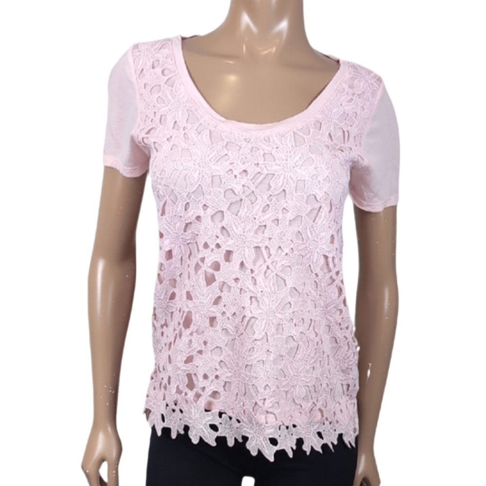 J Crew Floral Crochet Short Sleeve Tee Womens Size Small Pink Lace Tshirt Top